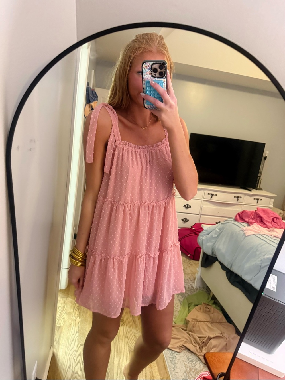 Francesca's Collections Pink Tie-Strap Swiss Dot Mini Dress